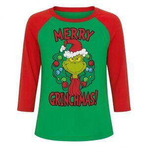 Merry Grinchmas Long Sleeve Raglan Tee Size S Dr Suess‎ Holiday Shirt Sleep Top